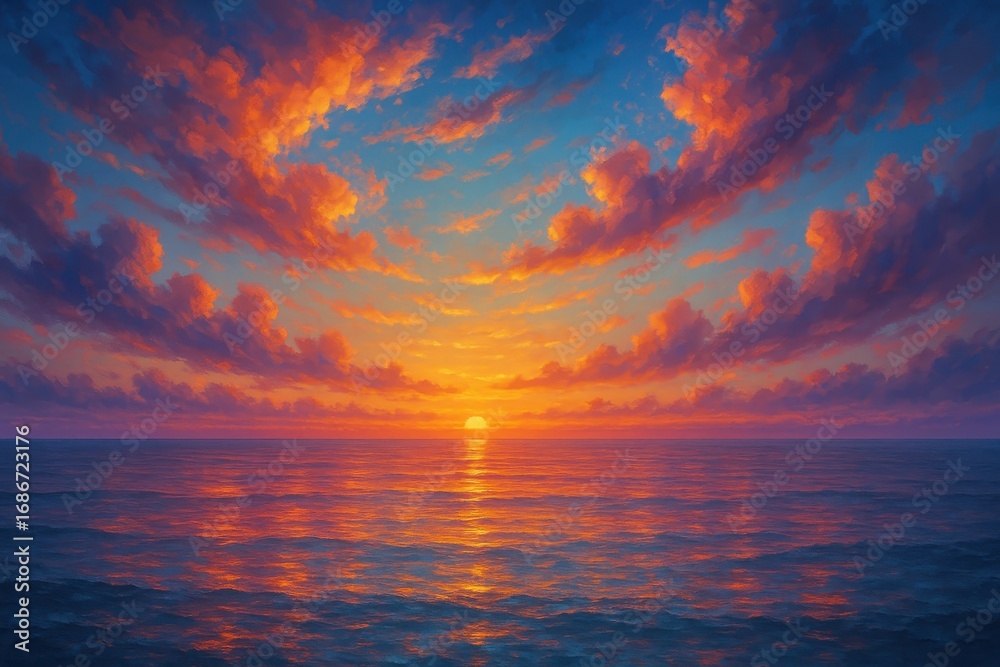 Naklejka premium Serene Sunset over the Ocean: Witness the stunning beauty of a vibrant sunset over the boundless ocean, a breathtaking moment of tranquility and natural artistry.