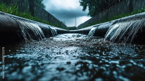 Water flows through a drainage system under dark clouds during heavy rainfall in an urban area