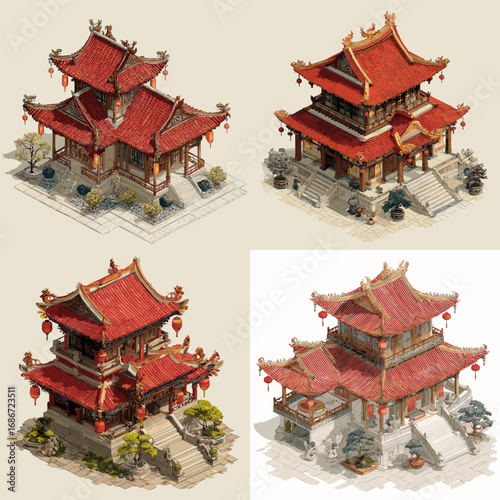 Isometric illustrations of traditional Chinese temples with ornate red roofs and heritage details, perfect for cultural, historical, and architectural projects.