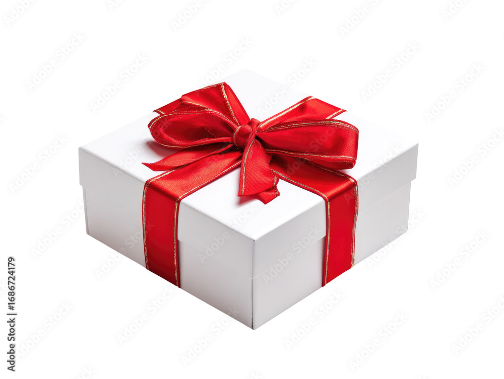 Obraz premium A square white gift box with a red ribbon and bow