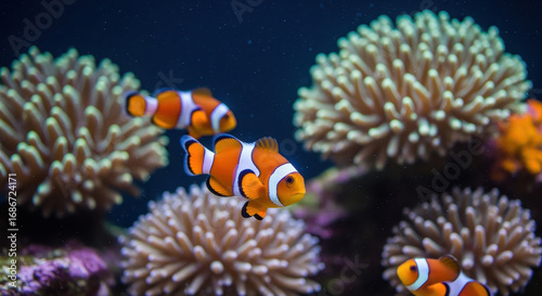 Clownfish's Lively underwater Paradise: Several vibrant clownfish dart playfully amidst a lush, coral reef ecosystem, their orange and white stripes contrasting beautifully with the azure backdrop.  