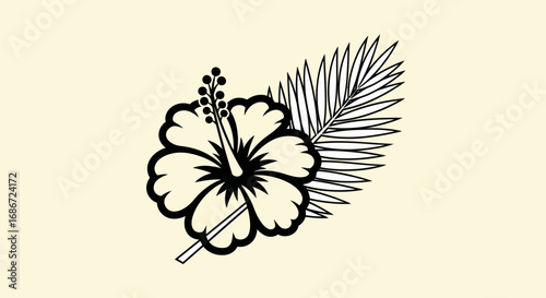 Elegant line drawing featuring a hibiscus bloom and palm frond.