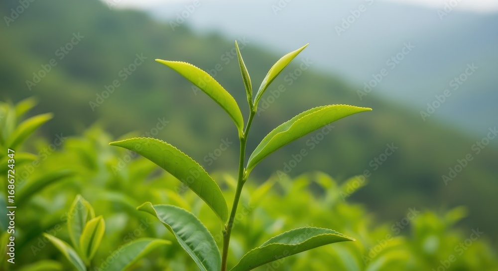 Obraz premium Tea Leaf Serenity: A close-up of a young tea leaf flourishing, exhibiting vibrant green hues in the foreground, while a blurred vista of tea bushes and rolling hills adorns the backdrop.
