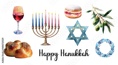 Happy Hanukkah watercolor elements. Jewish bread, donut, glass of wine, Star of David, Hanukkah, olive branch, etc. Symbols of Hanukkah holiday. Vector illustration.