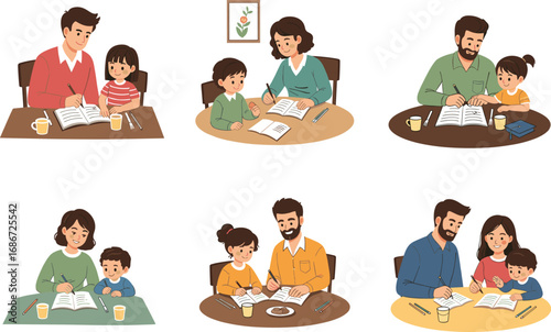 Parents helping children with homework, family education at home, learning together, supportive parenting, home study time, child development activity.
