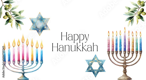 Happy Hanukkah banner. Hanukkah banner with watercolor elements of Hanukkah candles, Star of David and Olive branch. Hanukkah symbols. Vector illustration.