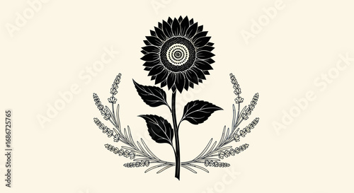Artistic black sunflower illustration with elegant botanical accents.