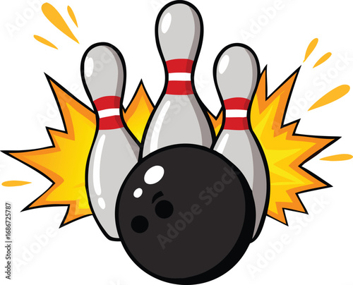 Bowling strike with pins and ball isolated on white background, showcasing the excitement of a perfect hit