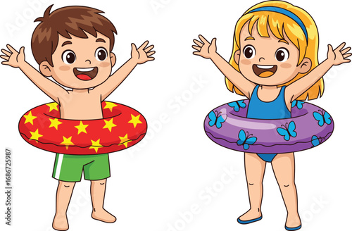 Happy kids with colorful swim rings playing, having fun in summer, enjoying water activities, cheerful children ready for swimming pool.