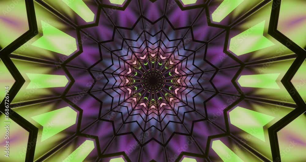 3d tunnel effect loop with kaleidoscopic pattern of glowing lights