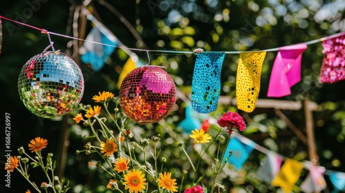 Low hanging mirror balls and pennant bunting over blooming garden flowers, playful outdoor event