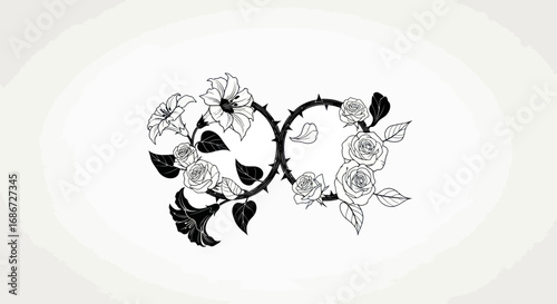 Gothic intertwined floral skull symbols with roses and thorns illustration.