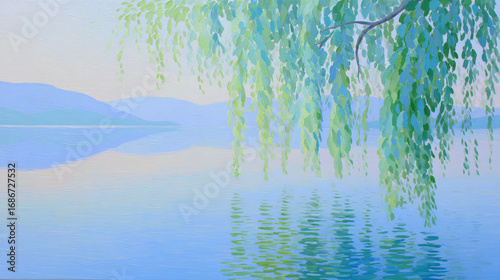 Weeping willow branches on the lake