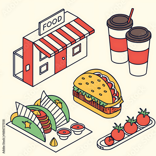 Isometric Vector Set of Street Food and Drinks - Burger, Tacos, and Coffee