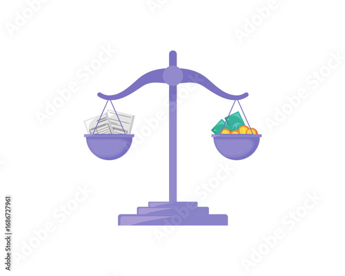 Financial balance concept showing a purple scale weighing stacks of paper documents against cash and coins, representing assets versus liabilities