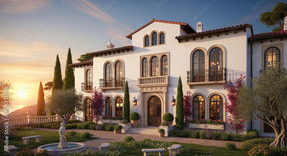 Fototapeta premium A grand Mediterranean villa with classic architecture, featuring a white facade, arched windows, and a terracotta tile roof, set against a backdrop of a stunning sunset over the sea