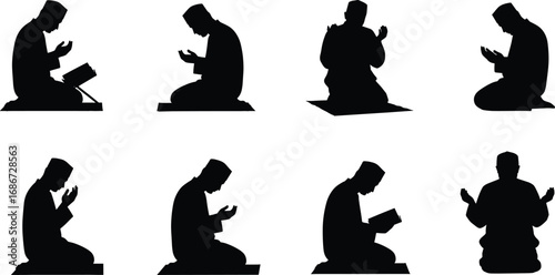 Muslim man praying silhouette set, Islamic prayer poses, worship, Quran reading, Islamic devotion, religious illustration vector