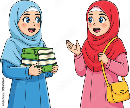 Muslim girls wearing hijab talking and holding books, cute cartoon student characters vector illustration for Islamic education and cultural content