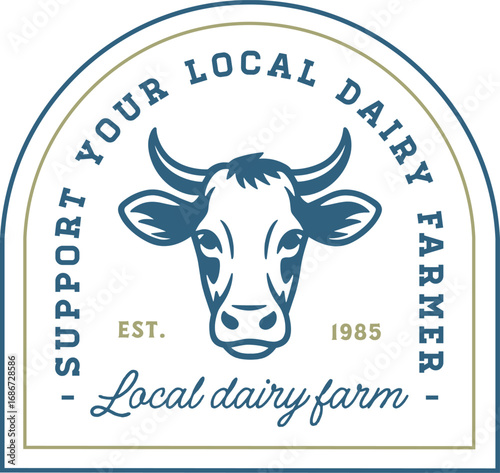 Support your local dairy farm shop grass fed cow milk organic fresh products farmer quotes label shirt design. Retro green aesthetic cute cattle head drawing poster sign print badge sticker clipart.