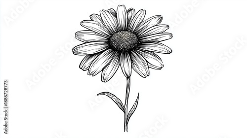 Artistic Black and White Daisy Flower Sketch with Detailed Petals and Elegant Stem
