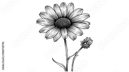 Stylized Black and White Illustration of a Daisy Flower in Bloom with Delicate Details
