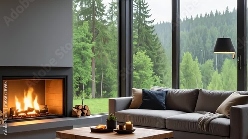 Cozy living room with fireplace and forest view