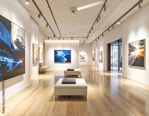 Modern Art Gallery Interior with Abstract Paintings
