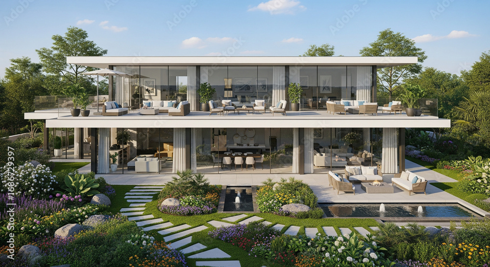 Fototapeta premium Luxury modern villa exterior with a beautiful garden, two-level terrace, and a swimming pool. The house features minimalist design, floor-to-ceiling windows, and stylish outdoor furniture