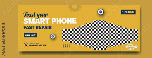 Professional fast smartphone repair service advertisement with a collection of modern mobile phones displayed on a yellow background