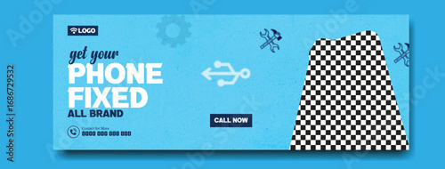Modern graphic design advertising phone repair services with a stylized broken smartphone and charging icon