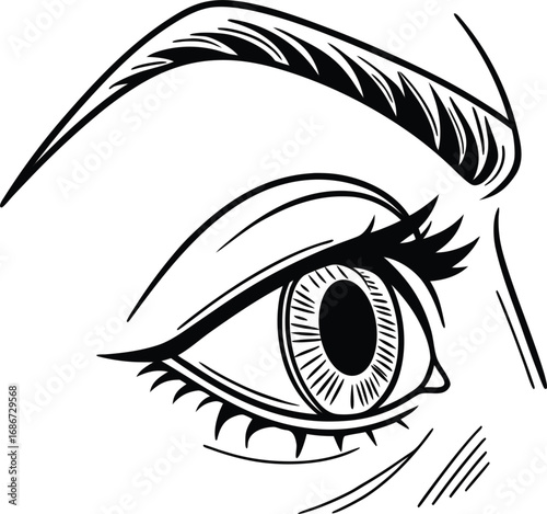 Detailed black and white illustration of a woman s eye with expressive eyebrow