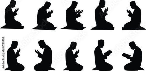 Muslim man silhouette praying, Islamic worship illustration set, Quran reading poses, religious devotion, spiritual prayer vector design