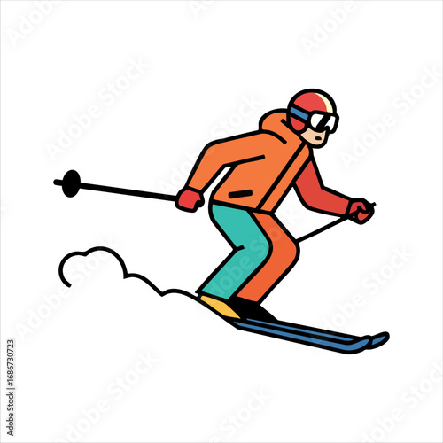 Illustration of skier in orange jacket skiing downhill isolated on white background