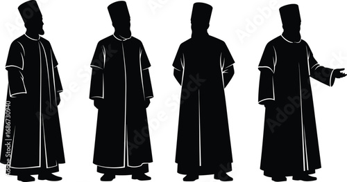 Muslim men silhouette in traditional robes and hats, standing poses, Islamic cultural attire vector, religious figures, spiritual clothing illustration