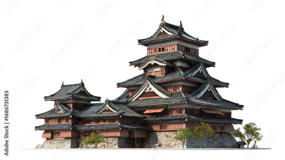 Fototapeta premium Photorealistic Reconstructed Japanese Castle with Traditional Architecture and Stone Base