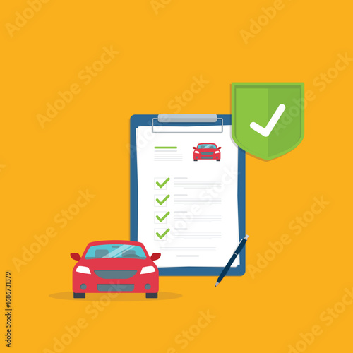 Car insurance document, report. Paper agreement checklist or loan checkmarks form list approved with automobile icon, vehicle financial, car dealership legal deal.