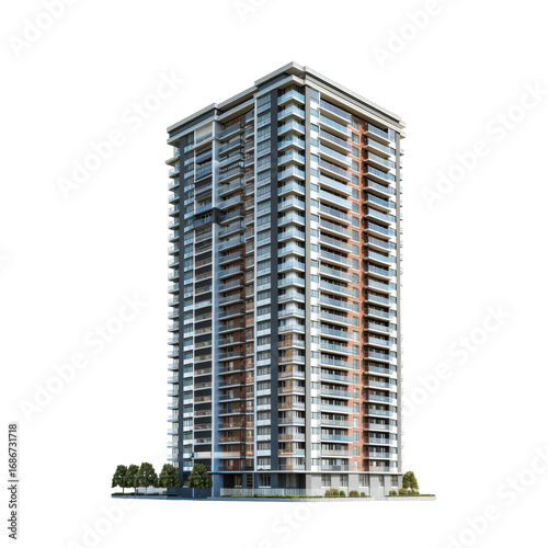 Photorealistic high rise residential condominium building in a modern urban setting.