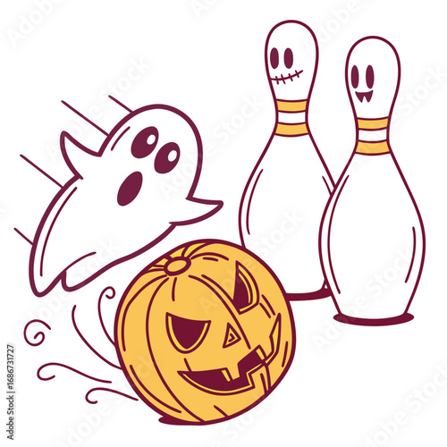 Halloween bowling with a ghost, pumpkin, and bowling pins isolated on white background spooky and fun illustration