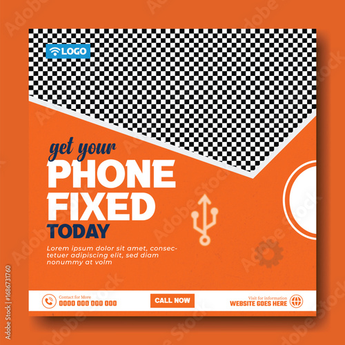 Close up of a technician s hands repairing a smartphone on a wooden table with tools and a sign that says get your phone fixed today