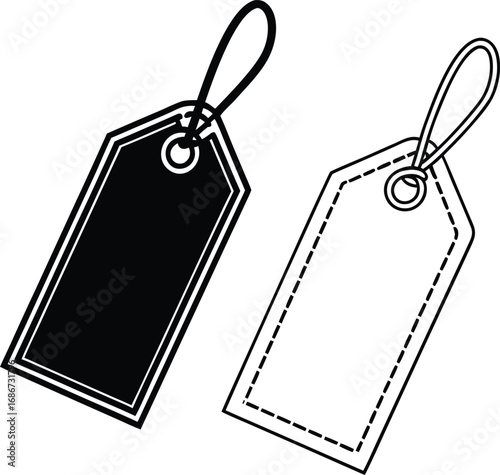 Two blank price tags one black and one white with string