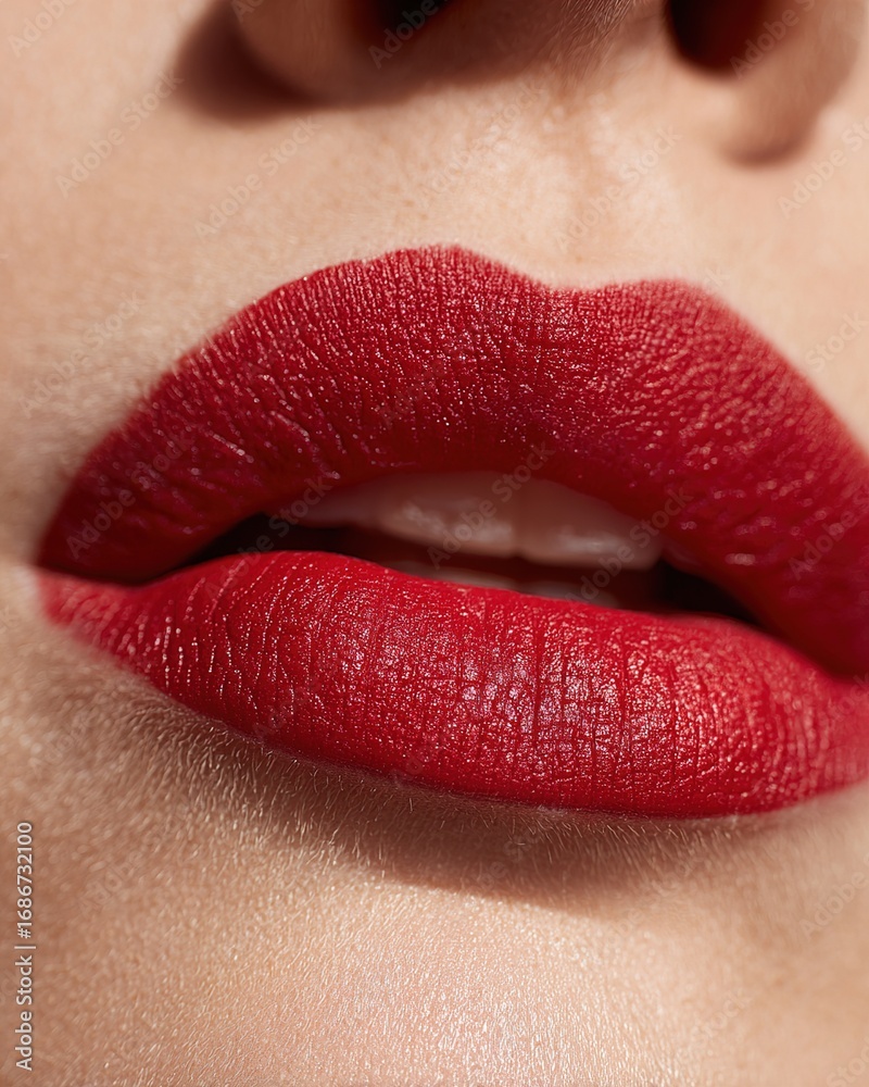 Obraz premium Close-up of female model & elegant lips with radiant bright and vibrant color lips holding lipstick tube, professional beauty shoot for cosmetic, advertising and luxury makeup brand promotion