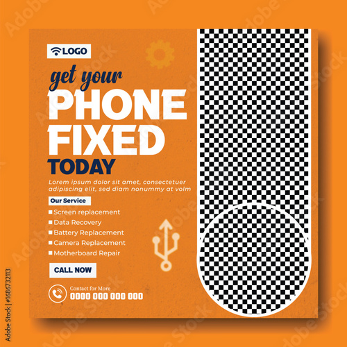 Professional phone repair service advertisement with a technician working on a smartphone and contact information
