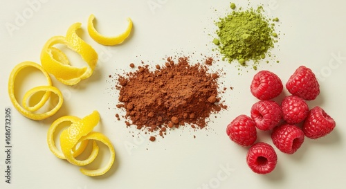 Vibrant Ingredients Including Lemon Zest, Cacao Powder, Matcha, and Raspberries