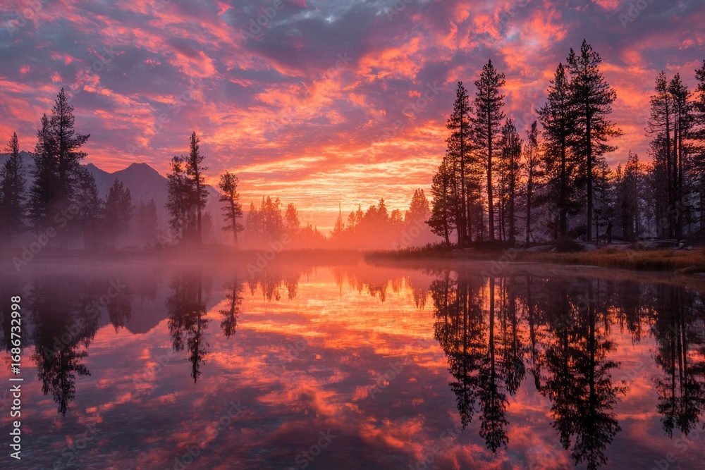 Naklejka premium Sun reflects on calm river water with beautiful orange and blue clouds at sunset.
