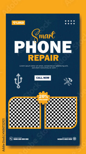 Professional smartphone repair service advertisement with images of skilled technicians working on devices