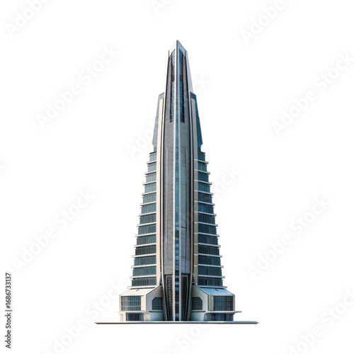 Modern architectural rendering of a slender futuristic skyscraper design on black.