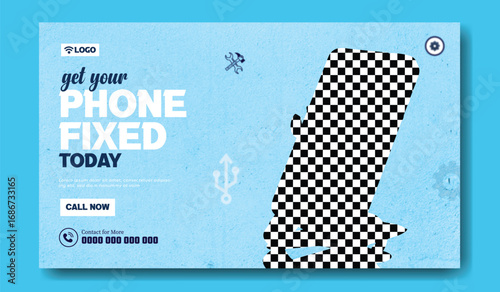 Professional phone repair service advertisement with smartphone tools and contact information on a blue background