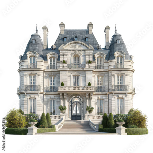Ornate French Chateau Style Residence with Corner Turrets and Mansard Roof