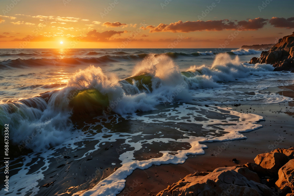 Obraz premium Beautiful sunset over the ocean with a large rock in the foreground