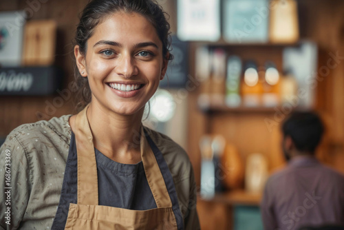 Face of happy waitress woman with a smile on her face is standing in cafeteria, she is wearing an apron and is smiling at the camera